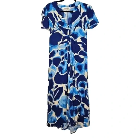 DIANE VON FURSTENBERG Milo Cecilia Crepe Midi Shirt Dress Blue White V Neck M